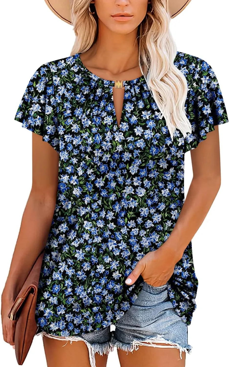 BETTE BOUTIK Womens Crewneck Short Sleeve KeyholeSummer Tunic Tops Pleated Shirts Blouses S-3XL