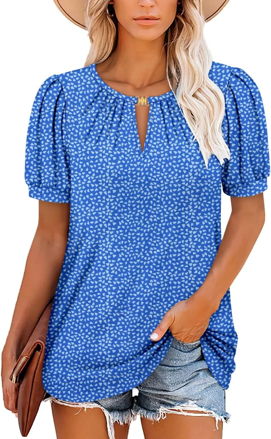 BETTE BOUTIK Womens Crewneck Short Sleeve KeyholeSummer Tunic Tops Pleated Shirts Blouses S-3XL