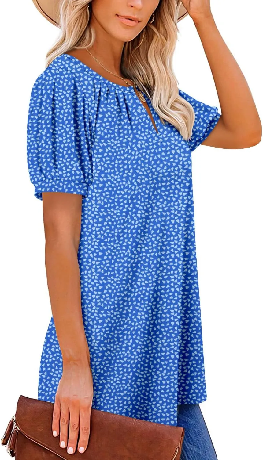 BETTE BOUTIK Womens Crewneck Short Sleeve KeyholeSummer Tunic Tops Pleated Shirts Blouses S-3XL