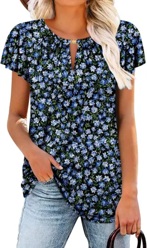 BETTE BOUTIK Womens Crewneck Short Sleeve KeyholeSummer Tunic Tops Pleated Shirts Blouses S-3XL