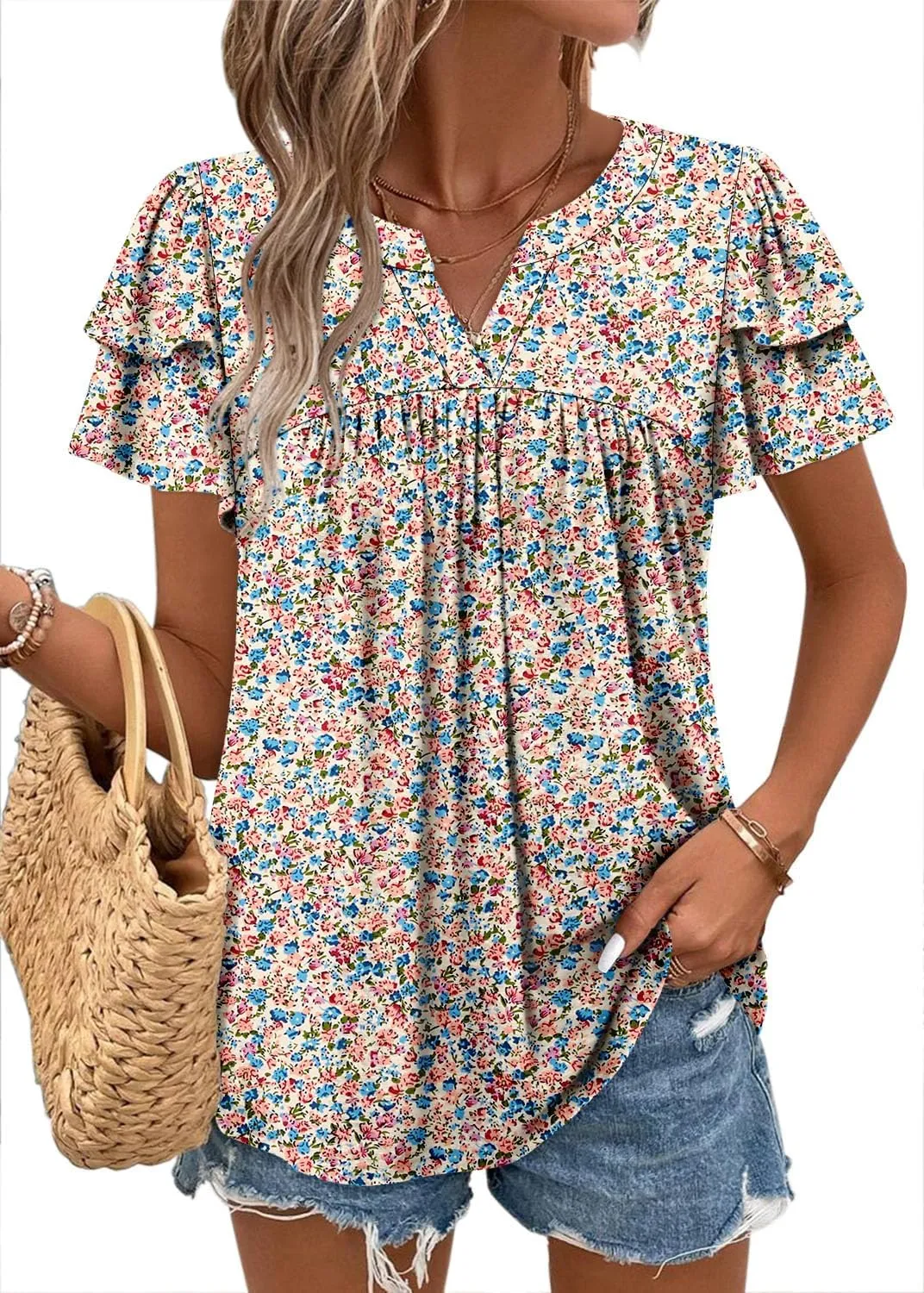 BETTE BOUTIK Womens Crewneck Short Sleeve Summer Tops Pleated Tunic Shirts S-3XL