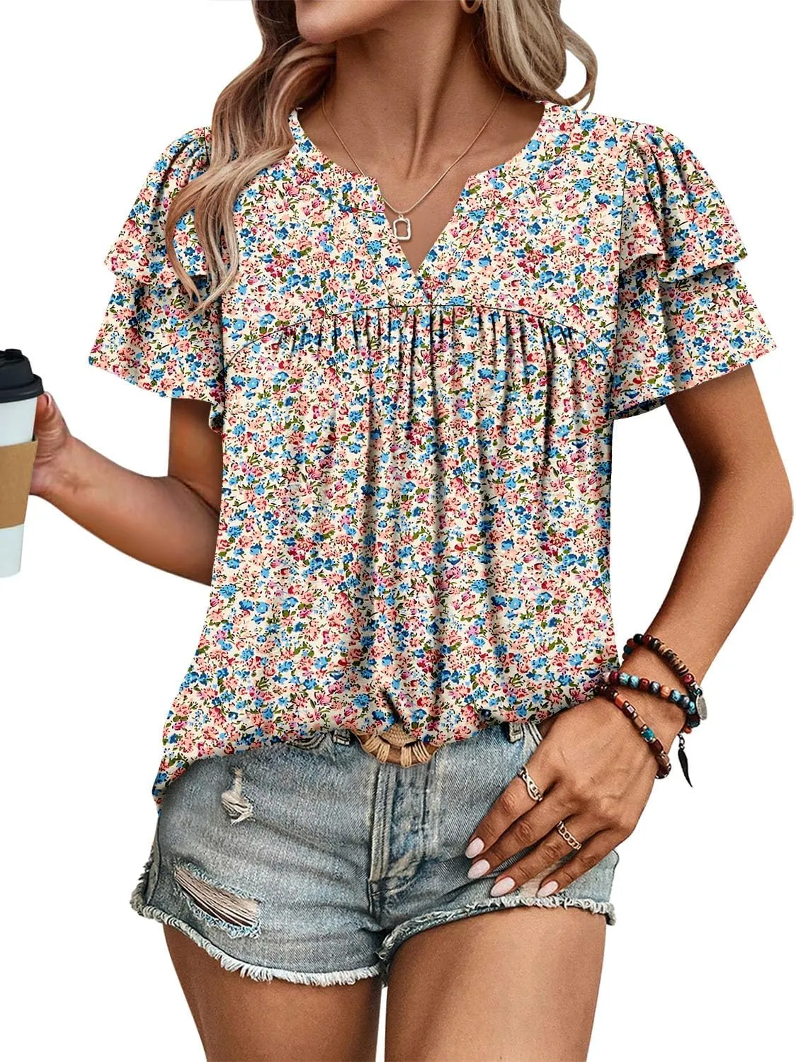BETTE BOUTIK Womens Crewneck Short Sleeve Summer Tops Pleated Tunic Shirts S-3XL