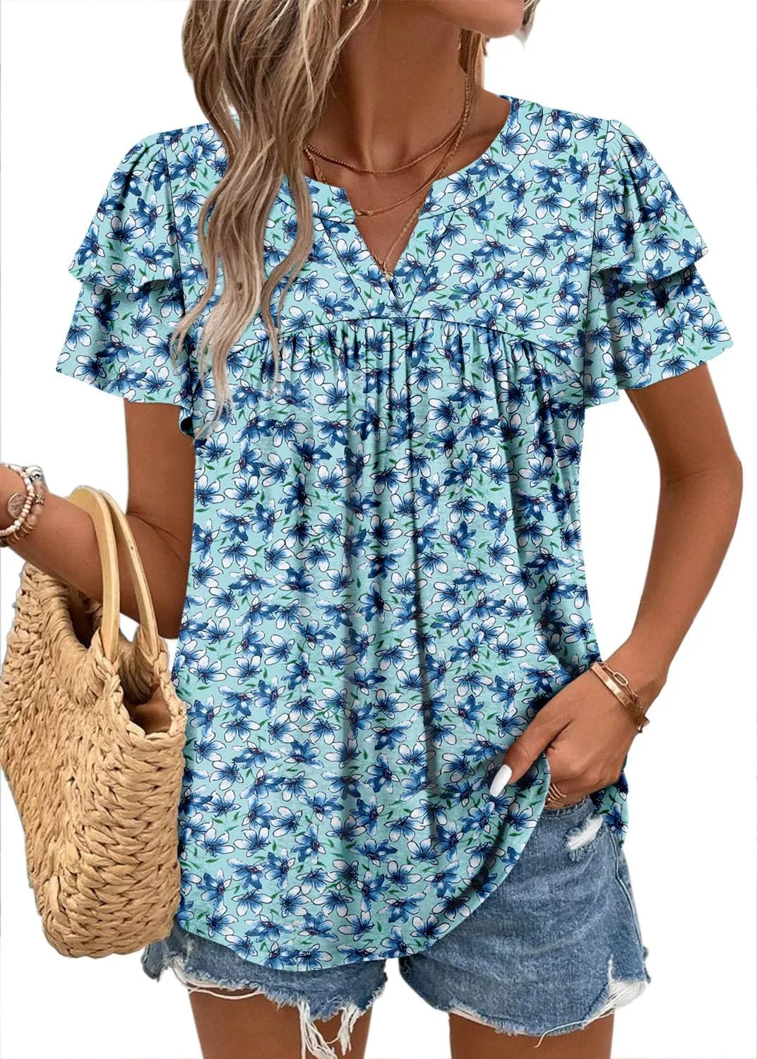 BETTE BOUTIK Womens Crewneck Short Sleeve Summer Tops Pleated Tunic Shirts S-3XL