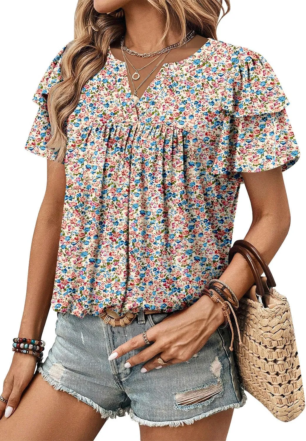 BETTE BOUTIK Womens Crewneck Short Sleeve Summer Tops Pleated Tunic Shirts S-3XL
