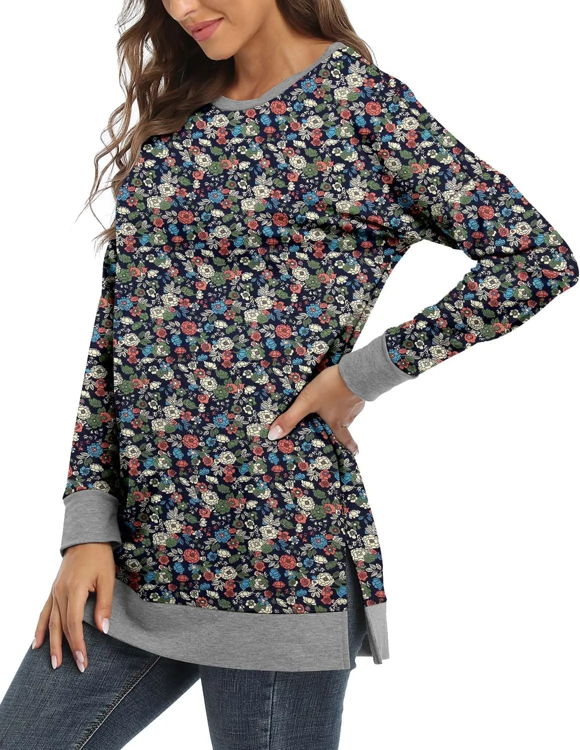 BETTE BOUTIK Women's Drop Long Sleeve Sweatshirts Casual Crewneck Tunic Tops Sweartshirts With Side Slits S-3XL