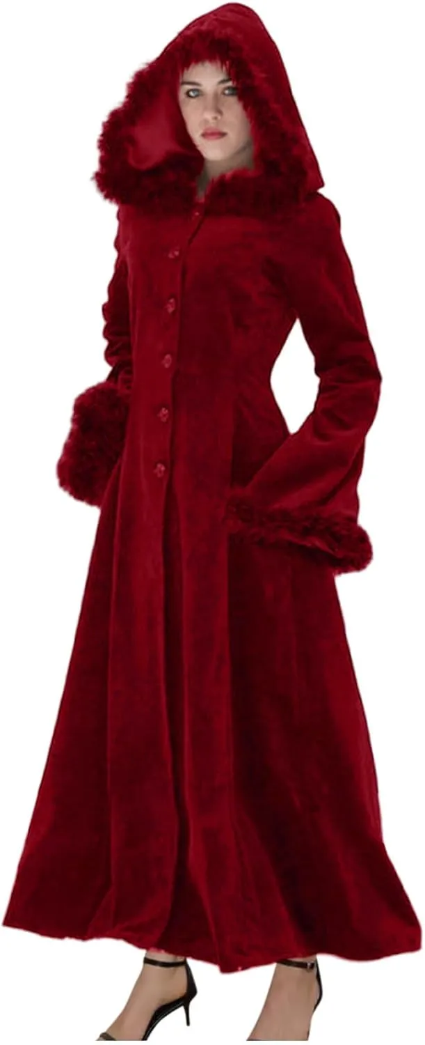 Binmer Winter Coat for Women Vintage Faux Fur Hooded Velvet Maxi Coat Button Down Longline Velour Overcoat Outwear W/Pocket