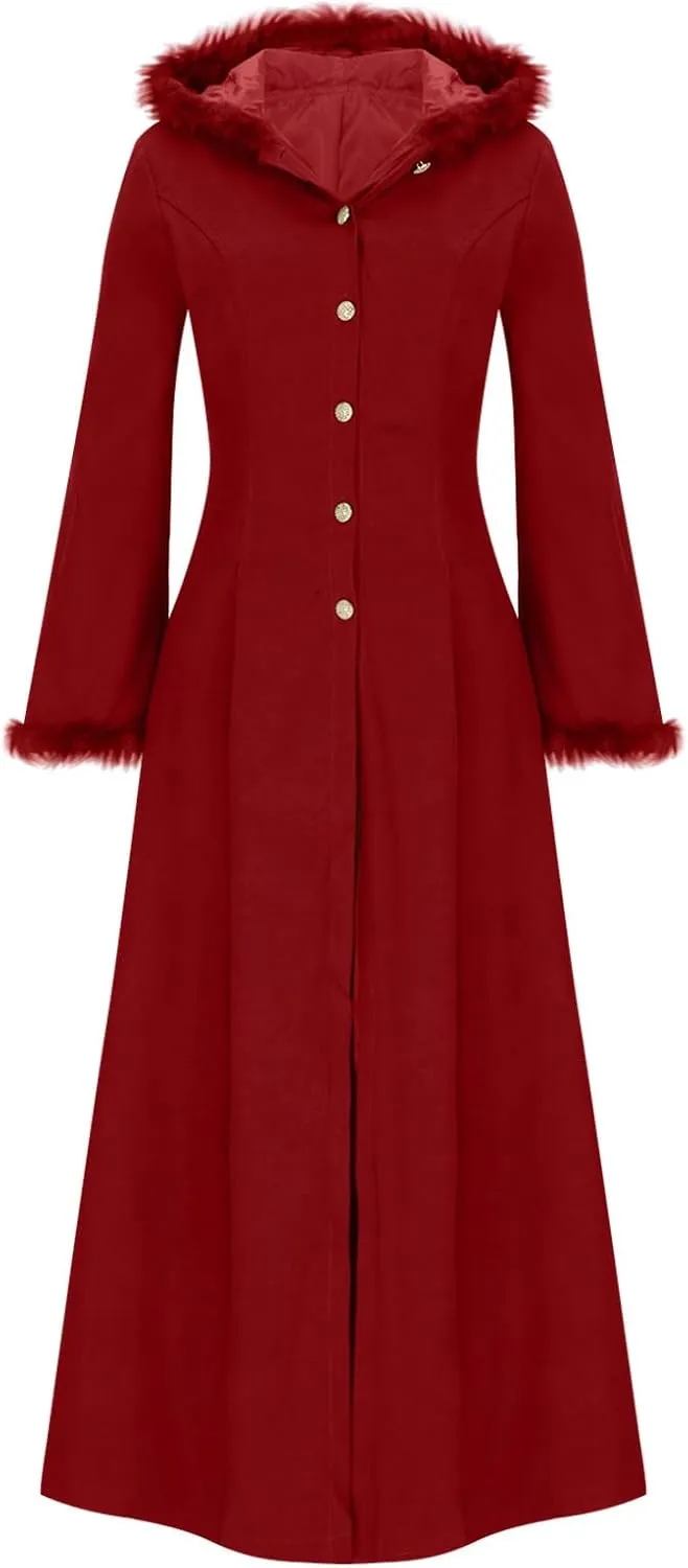 Binmer Winter Coat for Women Vintage Faux Fur Hooded Velvet Maxi Coat Button Down Longline Velour Overcoat Outwear W/Pocket