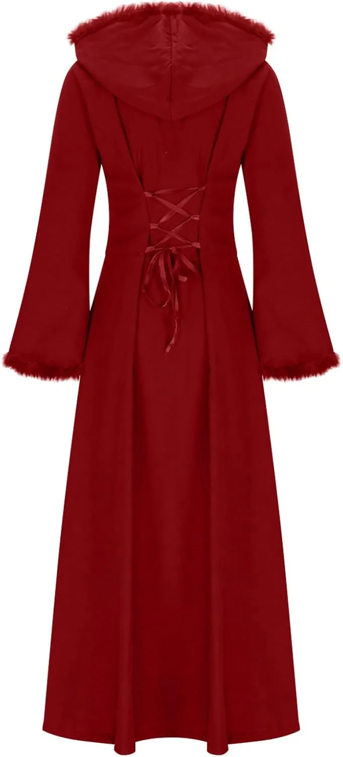 Binmer Winter Coat for Women Vintage Faux Fur Hooded Velvet Maxi Coat Button Down Longline Velour Overcoat Outwear W/Pocket