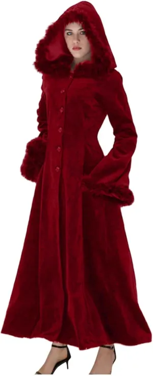 Binmer Winter Coat for Women Vintage Faux Fur Hooded Velvet Maxi Coat Button Down Longline Velour Overcoat Outwear W/Pocket