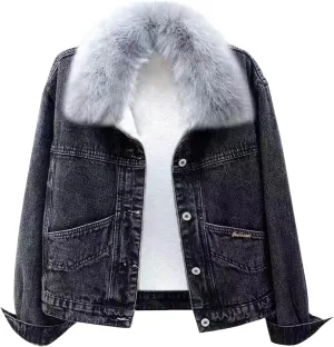 Binmer Women Denim Jacket with Faux Fur Collar Thicken Warm Wool Outwear Winter Parka Sherpa Fleece Lined Denim Jean Coat