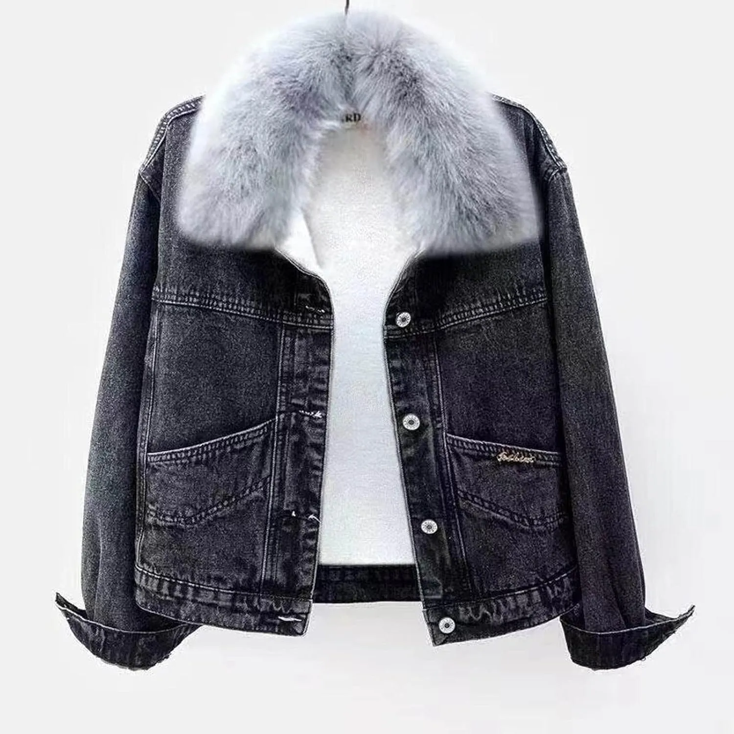 Binmer Women Denim Jacket with Faux Fur Collar Thicken Warm Wool Outwear Winter Parka Sherpa Fleece Lined Denim Jean Coat