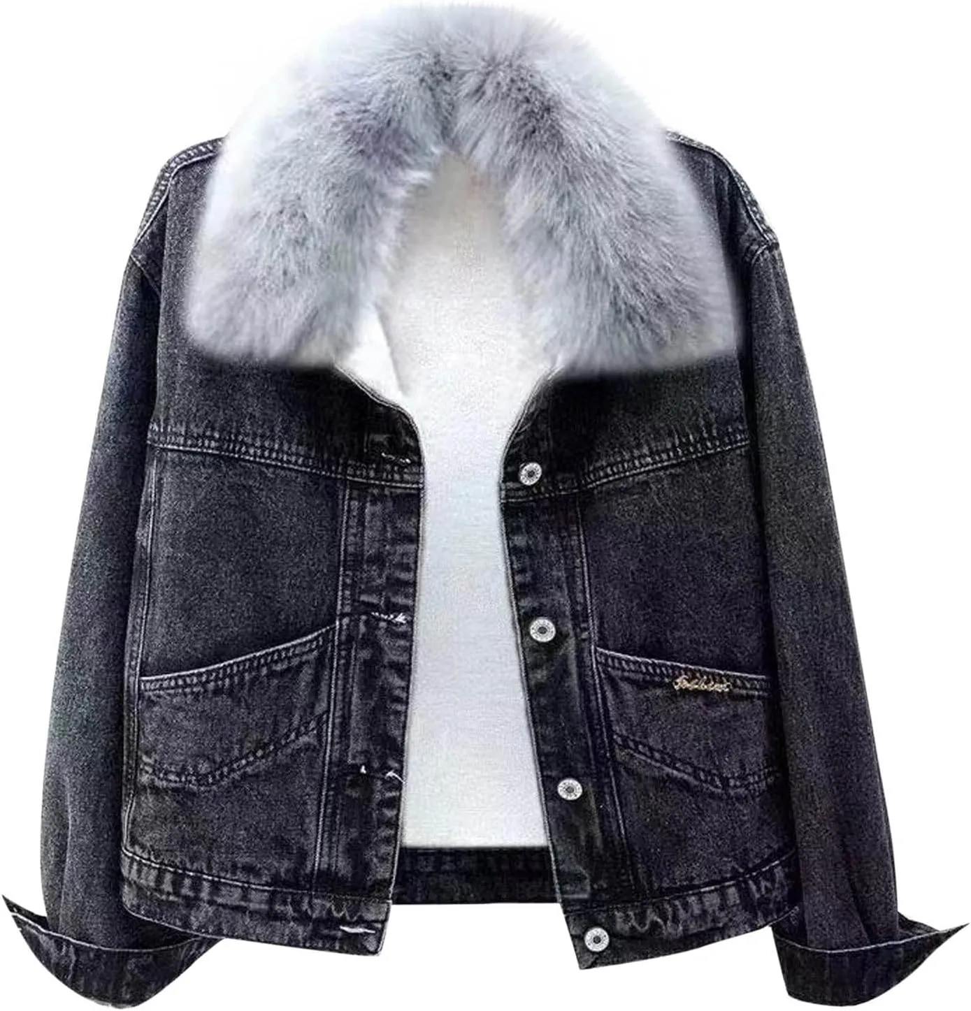 Binmer Women Denim Jacket with Faux Fur Collar Thicken Warm Wool Outwear Winter Parka Sherpa Fleece Lined Denim Jean Coat