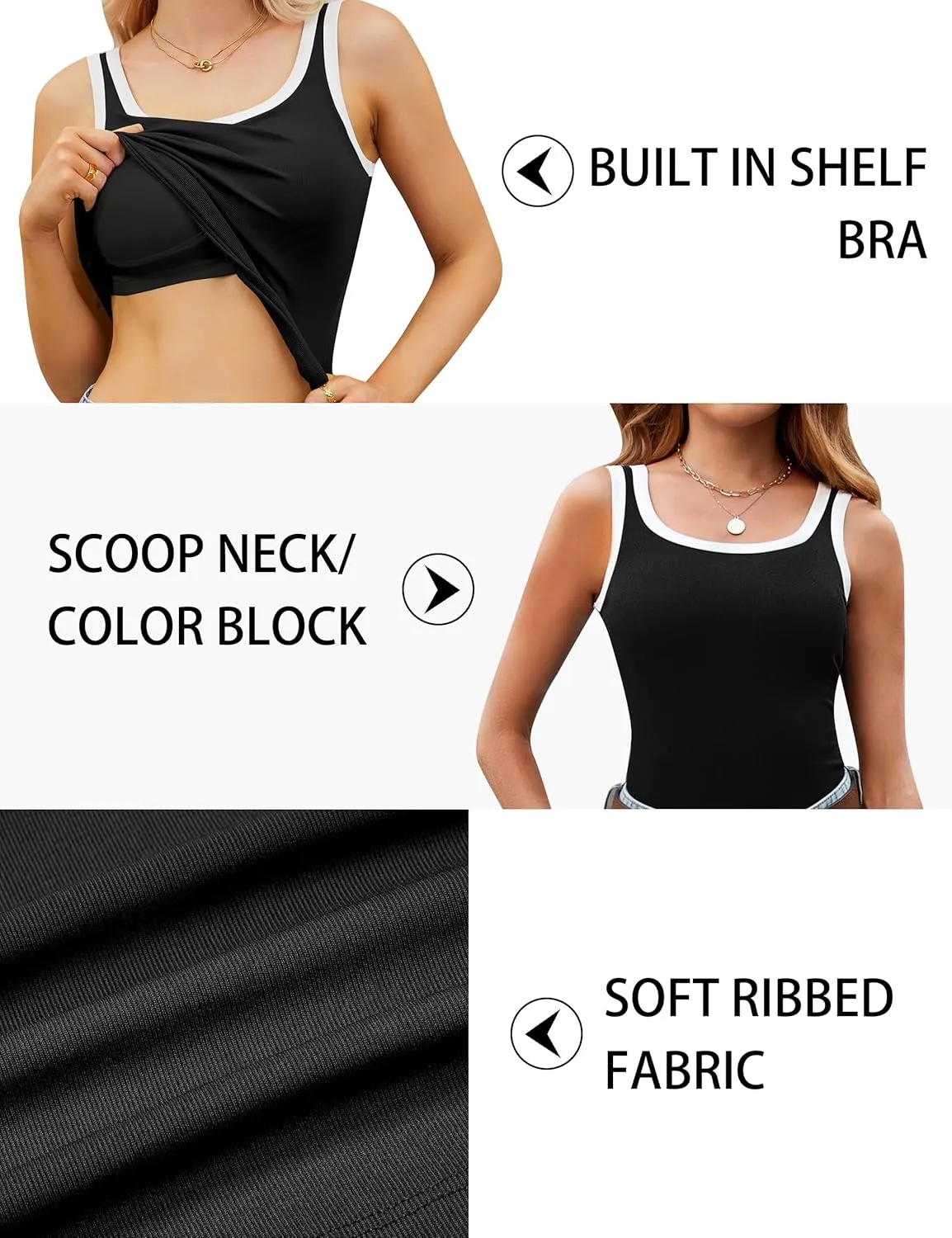 Blooming Jelly Women's Tank Tops Built in Bra Summer Trendy Sleeveless Tops Ribbed Square Neck Shirts