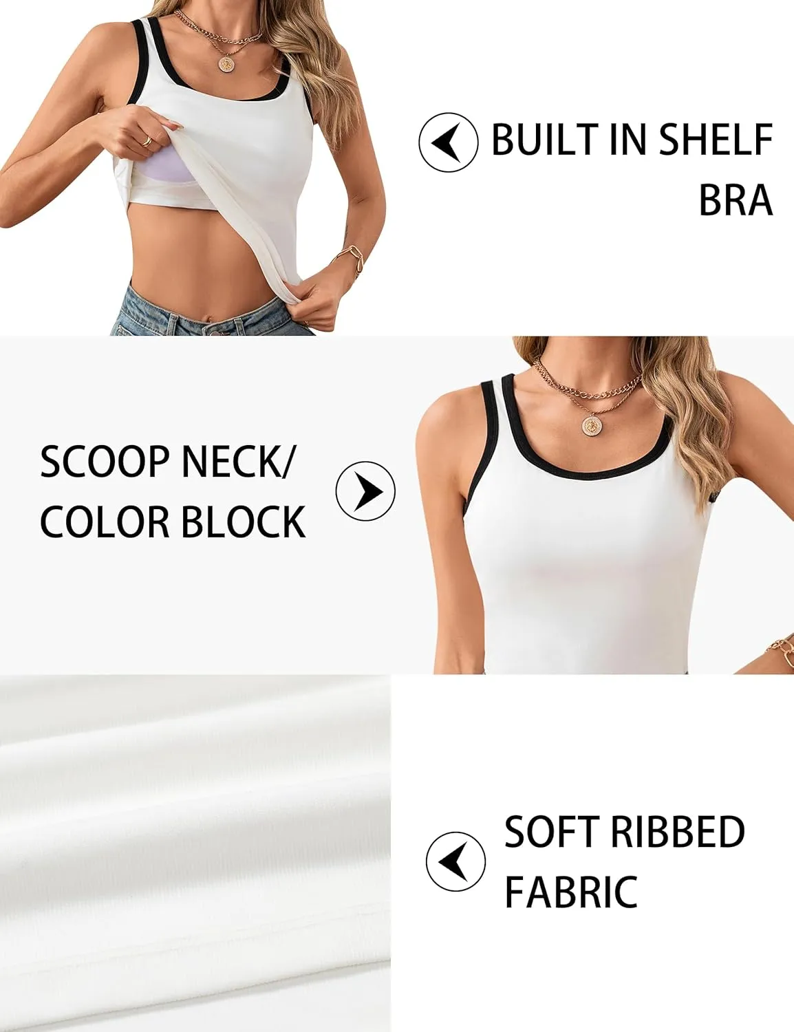 Blooming Jelly Women's Tank Tops Built in Bra Summer Trendy Sleeveless Tops Ribbed Square Neck Shirts