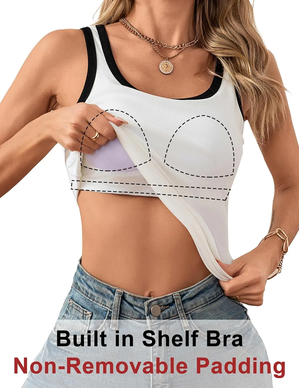 Blooming Jelly Women's Tank Tops Built in Bra Summer Trendy Sleeveless Tops Ribbed Square Neck Shirts