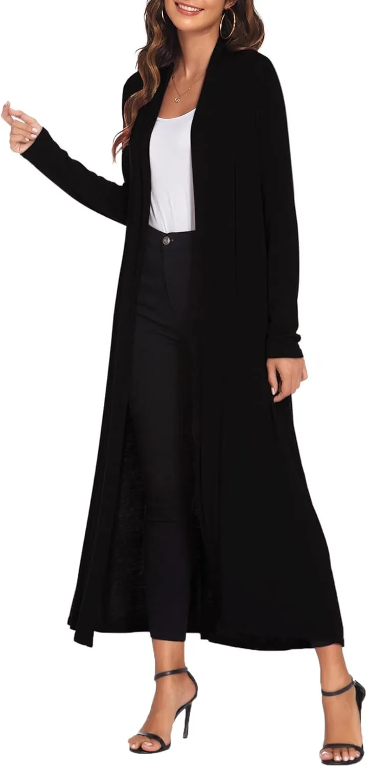 Bluetime Women Floor Length Open Front Cardigan Lightweight Long Sleeve Maxi Duster with Pockets (S-3XL)