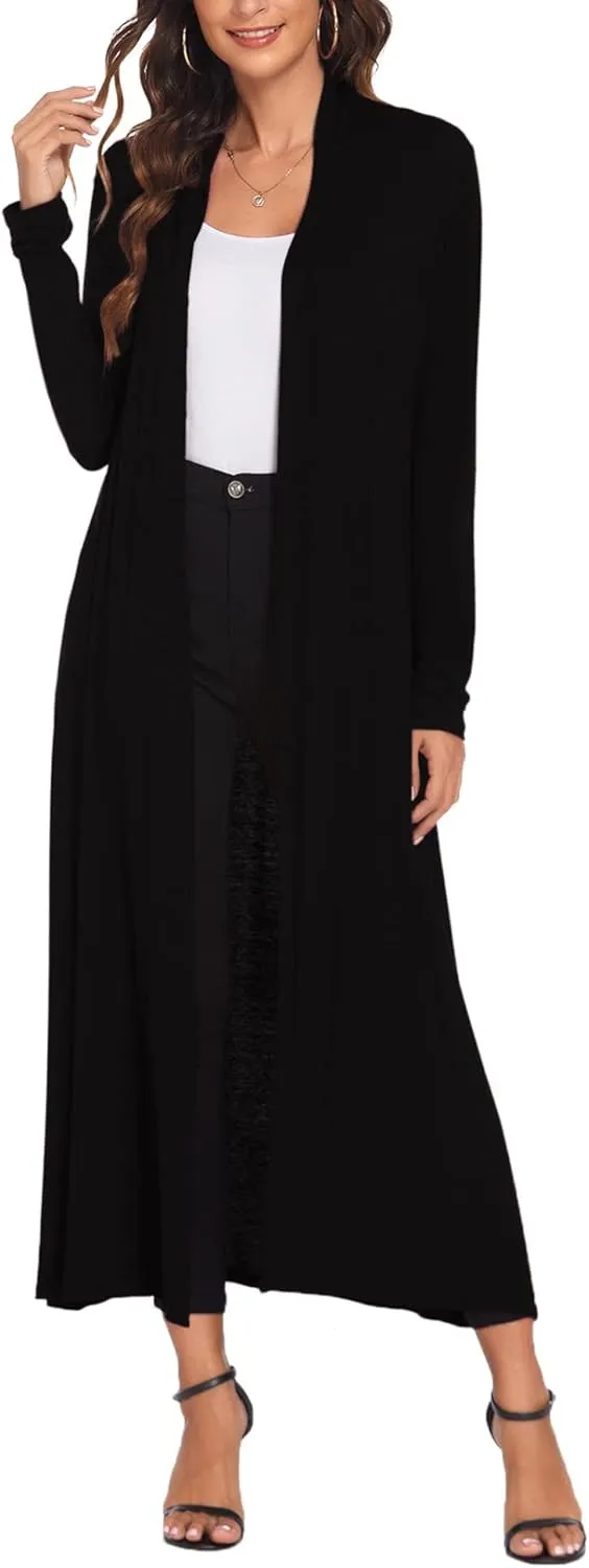 Bluetime Women Floor Length Open Front Cardigan Lightweight Long Sleeve Maxi Duster with Pockets (S-3XL)