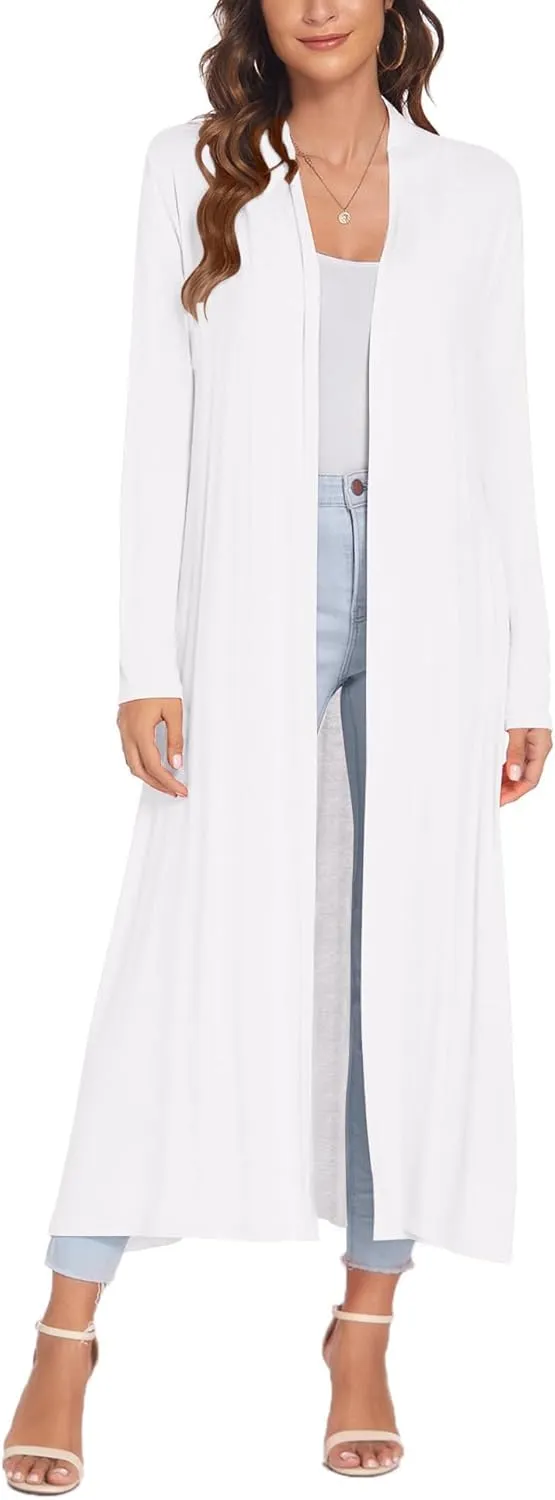 Bluetime Women Floor Length Open Front Cardigan Lightweight Long Sleeve Maxi Duster with Pockets (S-3XL)
