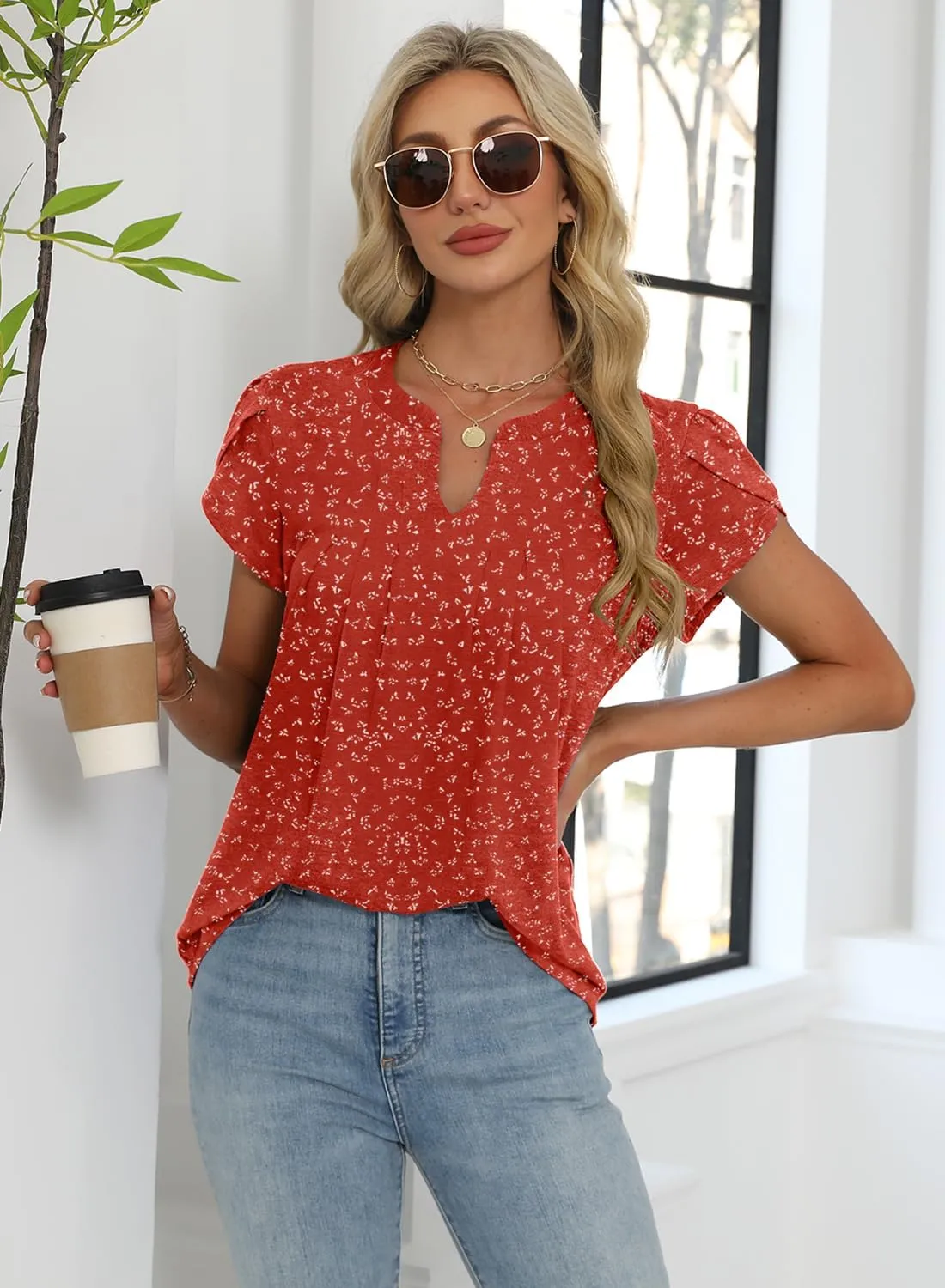 Bluetime Womens Tunic Tops Summer Dressy Casual Blouses V Neck Short Petal Sleeve T-Shirts Front Pleated Shirts for Leggings