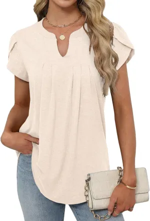 Bluetime Womens Tunic Tops Summer Dressy Casual Blouses V Neck Short Petal Sleeve T-Shirts Front Pleated Shirts for Leggings