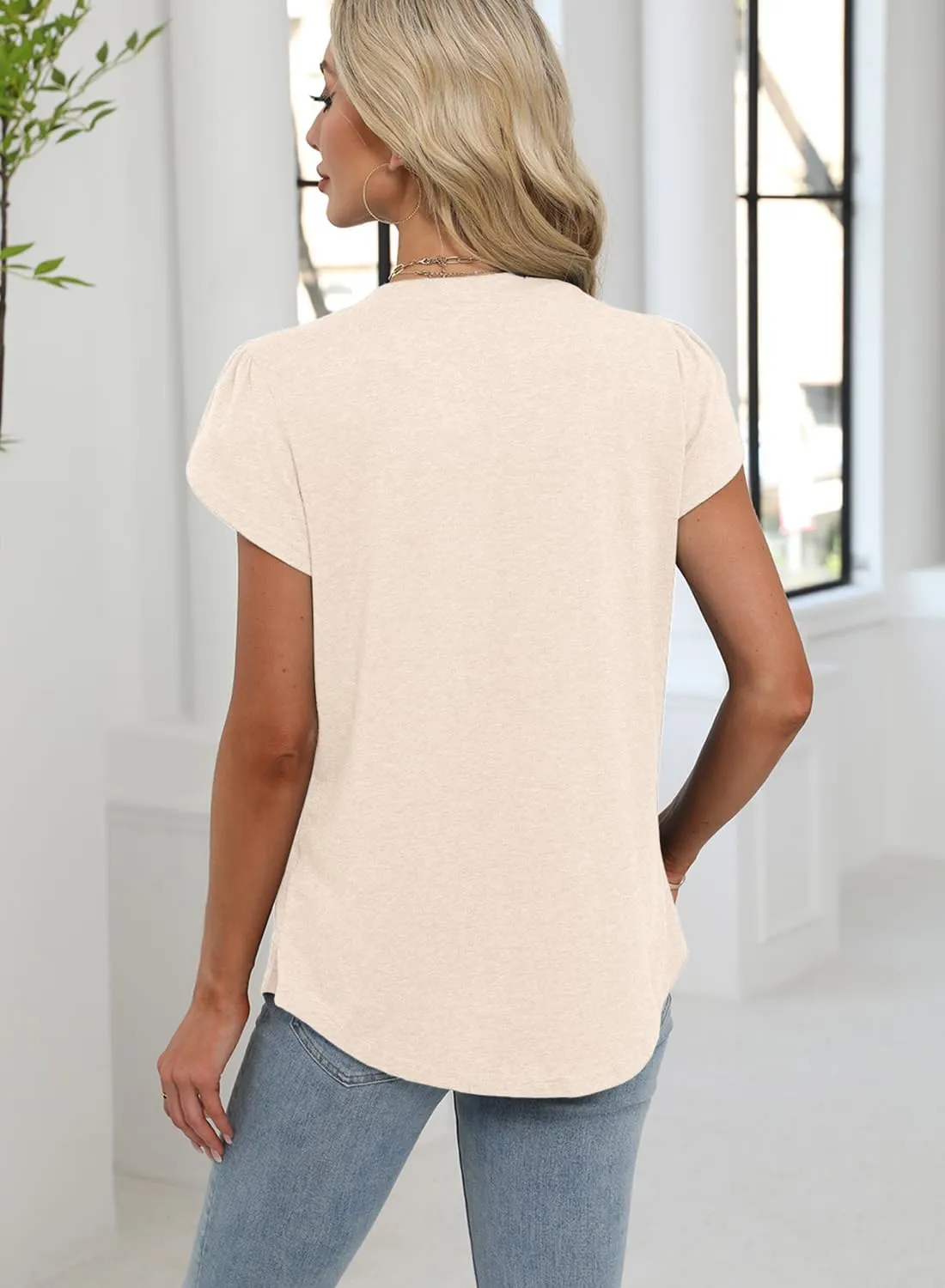 Bluetime Womens Tunic Tops Summer Dressy Casual Blouses V Neck Short Petal Sleeve T-Shirts Front Pleated Shirts for Leggings