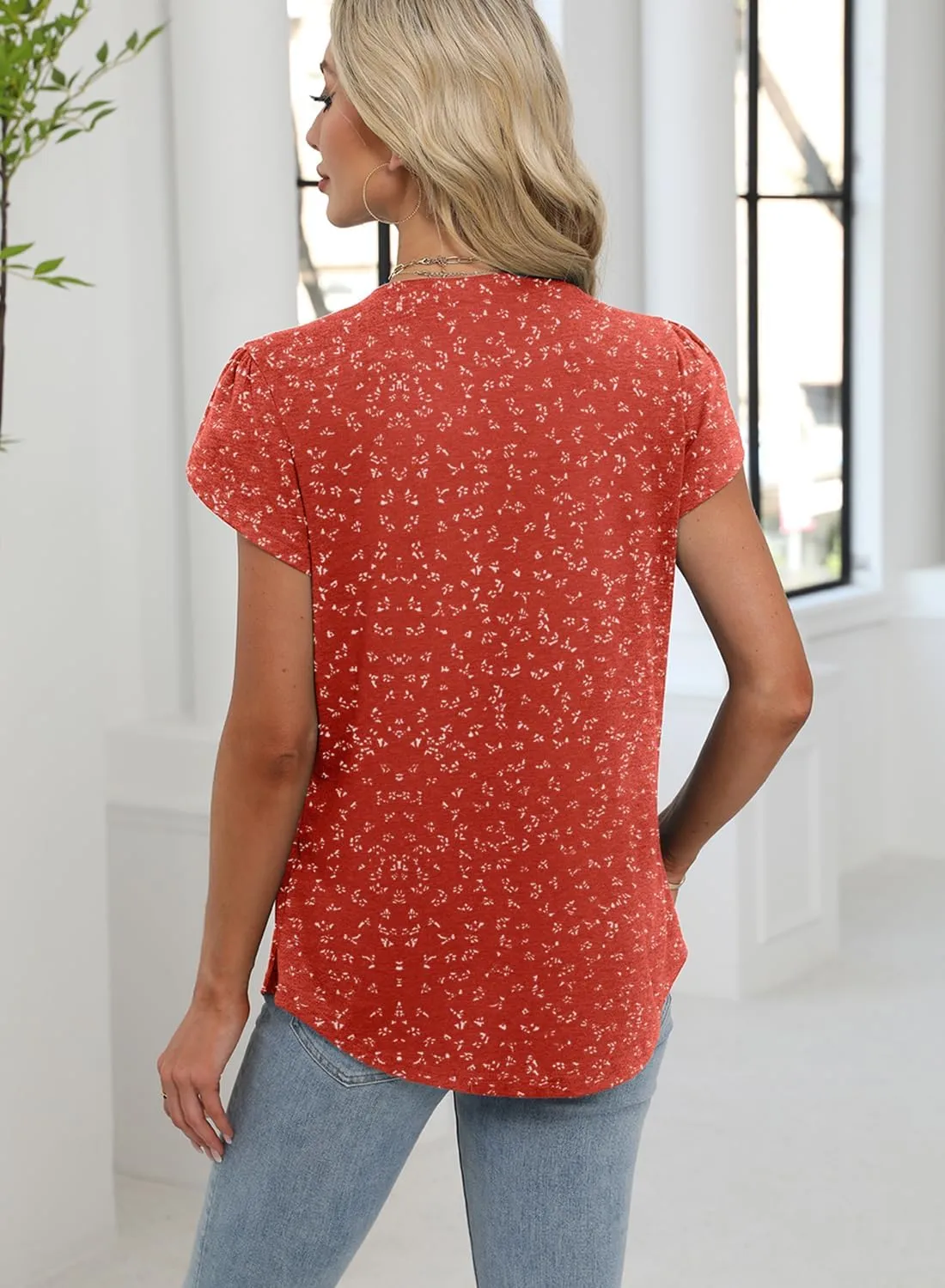 Bluetime Womens Tunic Tops Summer Dressy Casual Blouses V Neck Short Petal Sleeve T-Shirts Front Pleated Shirts for Leggings