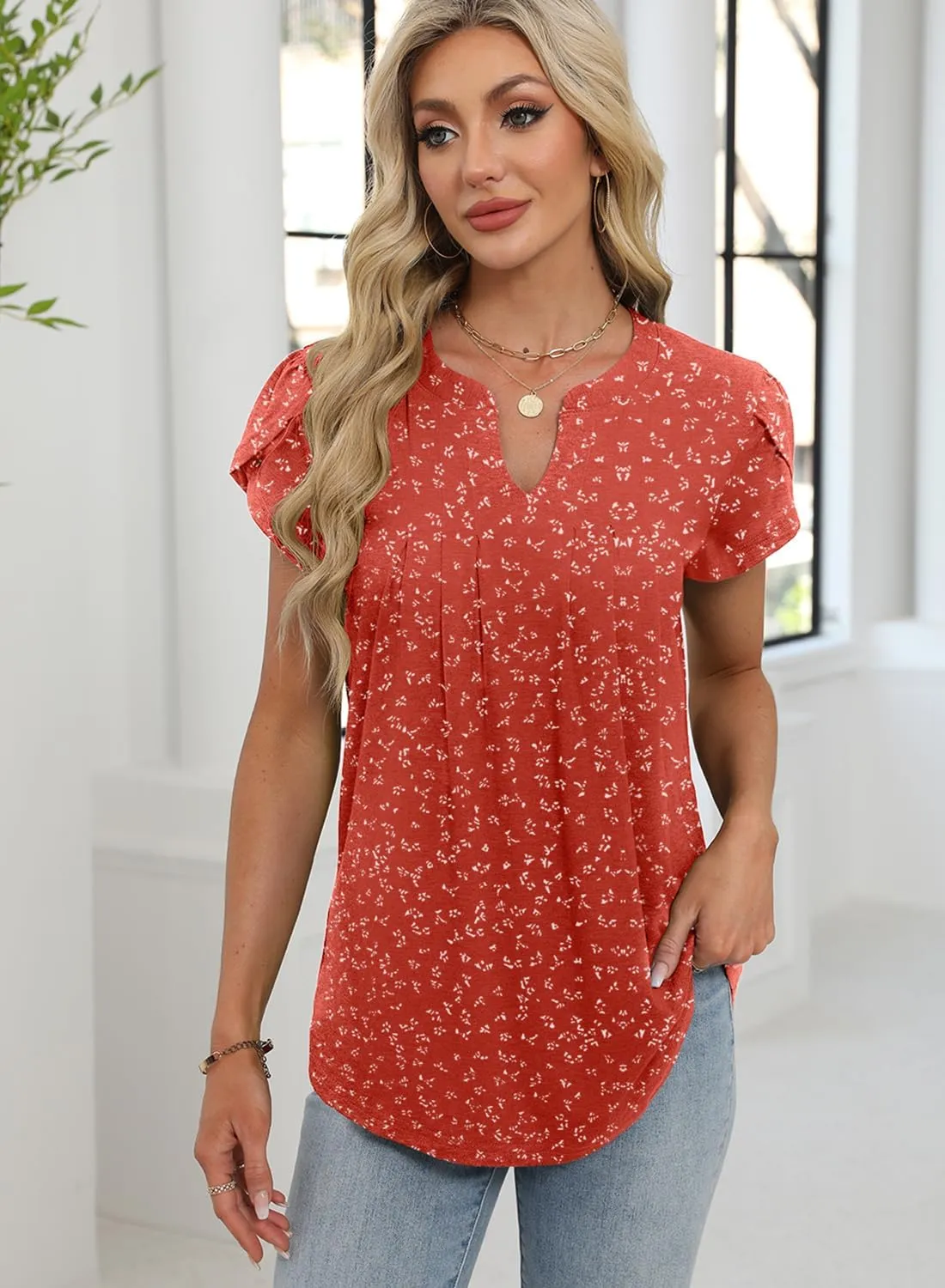 Bluetime Womens Tunic Tops Summer Dressy Casual Blouses V Neck Short Petal Sleeve T-Shirts Front Pleated Shirts for Leggings