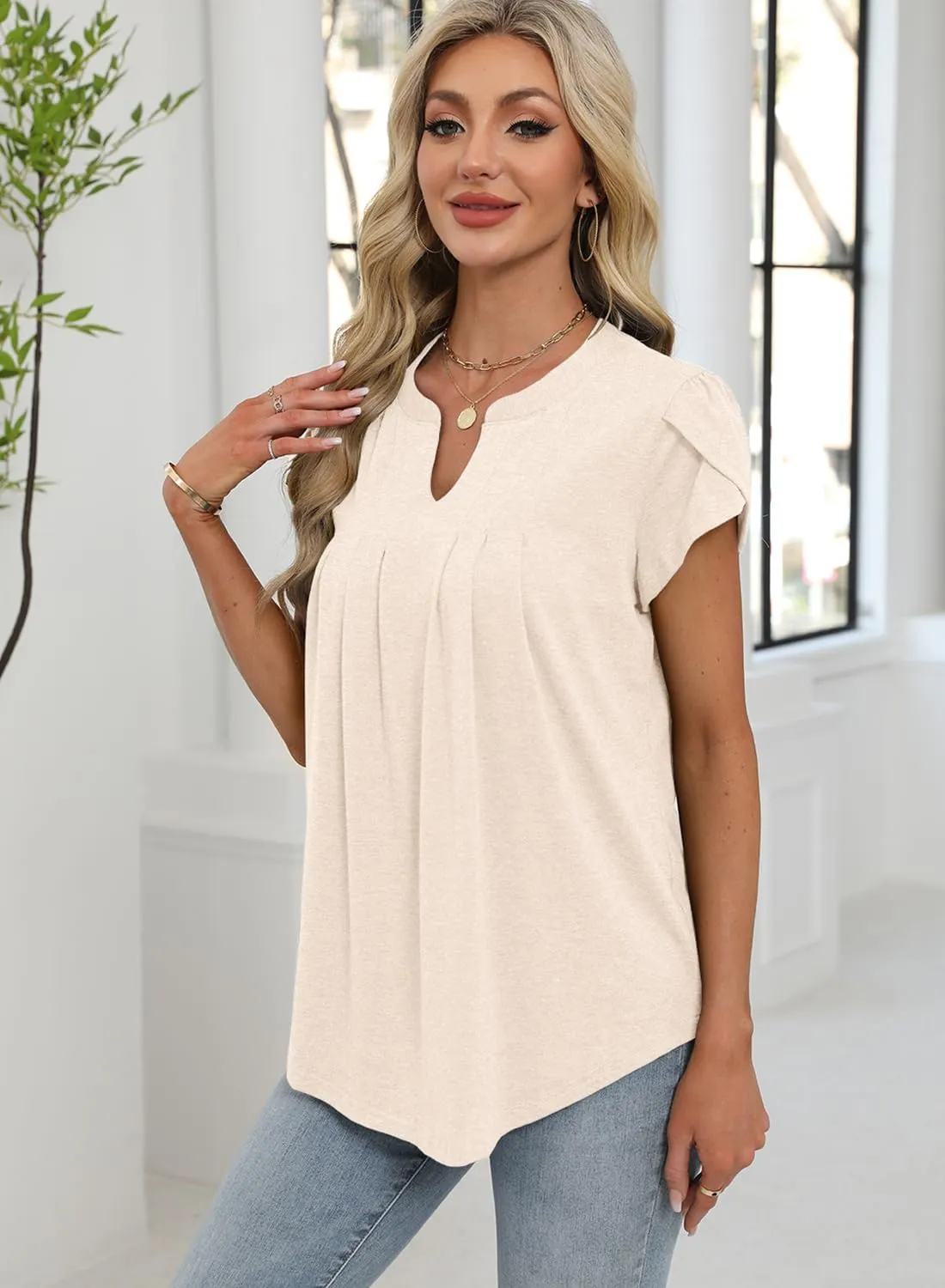Bluetime Womens Tunic Tops Summer Dressy Casual Blouses V Neck Short Petal Sleeve T-Shirts Front Pleated Shirts for Leggings