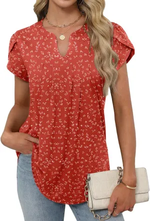 Bluetime Womens Tunic Tops Summer Dressy Casual Blouses V Neck Short Petal Sleeve T-Shirts Front Pleated Shirts for Leggings