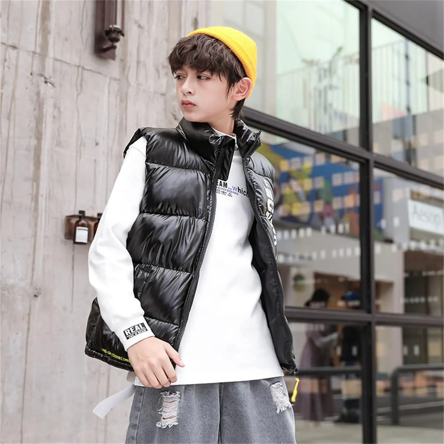 Boys Leather Trench Coat Boys Girls Sleeveless Letter Winter Coats Hooded Jacket Vest Outer Boys Snow Pants with