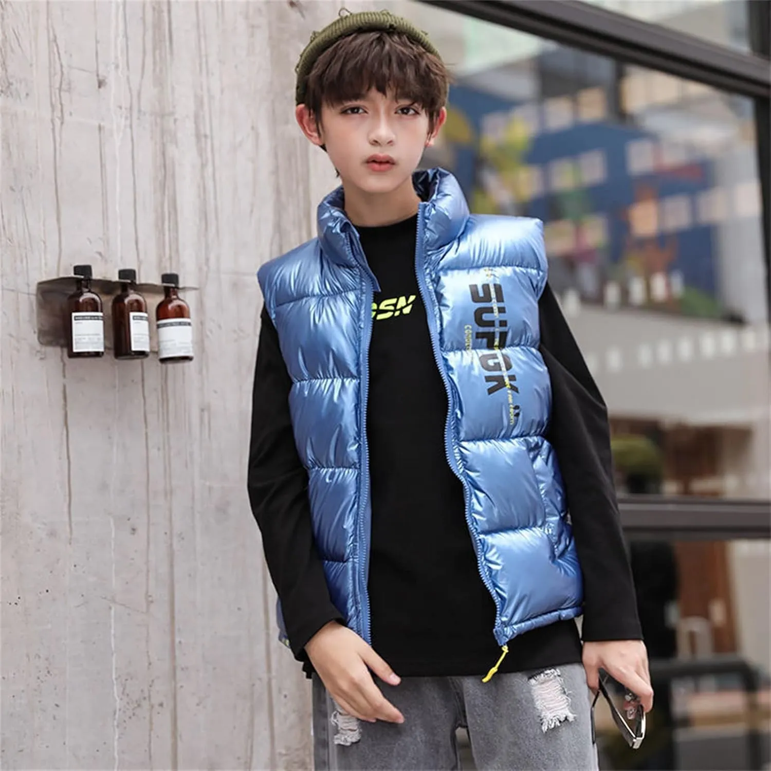 Boys Leather Trench Coat Boys Girls Sleeveless Letter Winter Coats Hooded Jacket Vest Outer Boys Snow Pants with