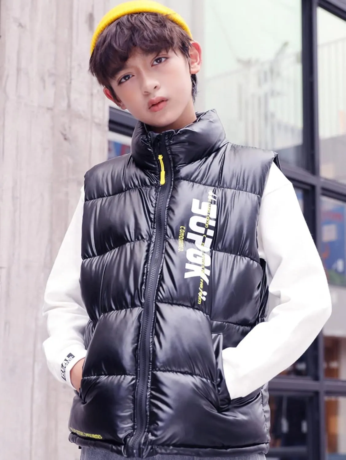 Boys Leather Trench Coat Boys Girls Sleeveless Letter Winter Coats Hooded Jacket Vest Outer Boys Snow Pants with