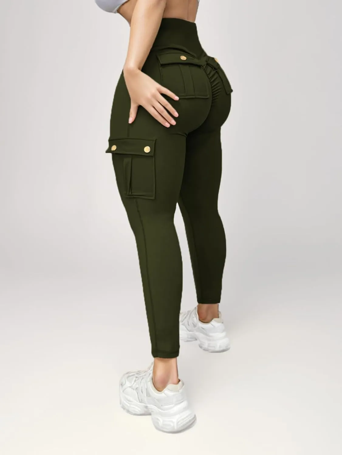 Butt Lifting Leggings with Flap Pockets for Women Stretch Cargo Leggings High Waist Tummy Control Workout Running Pants