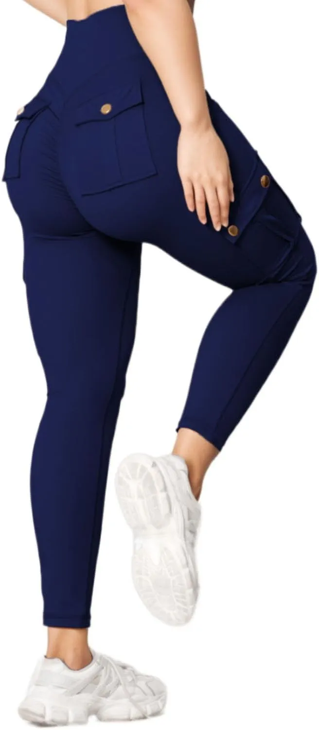 Butt Lifting Leggings with Flap Pockets for Women Stretch Cargo Leggings High Waist Tummy Control Workout Running Pants