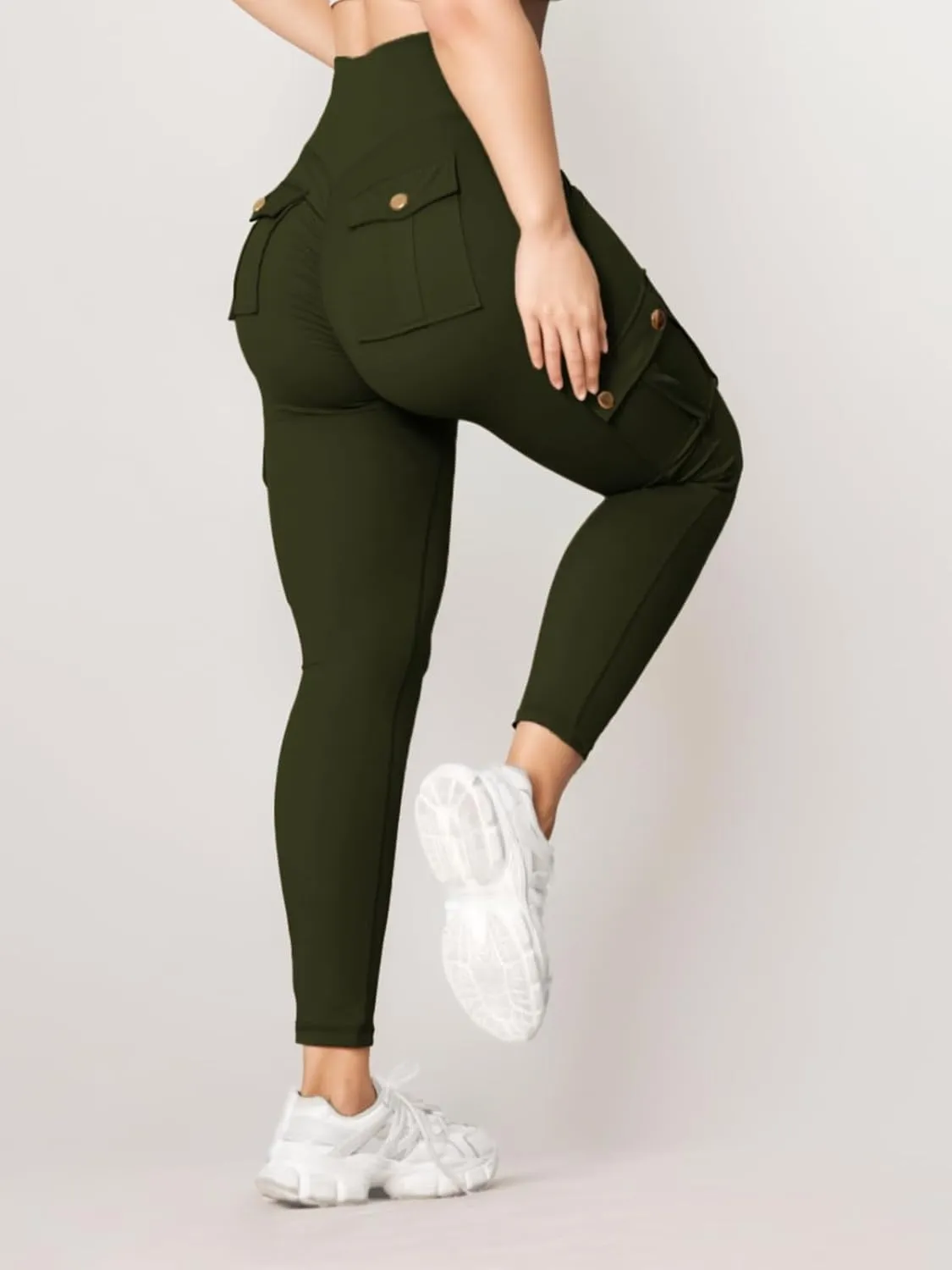 Butt Lifting Leggings with Flap Pockets for Women Stretch Cargo Leggings High Waist Tummy Control Workout Running Pants