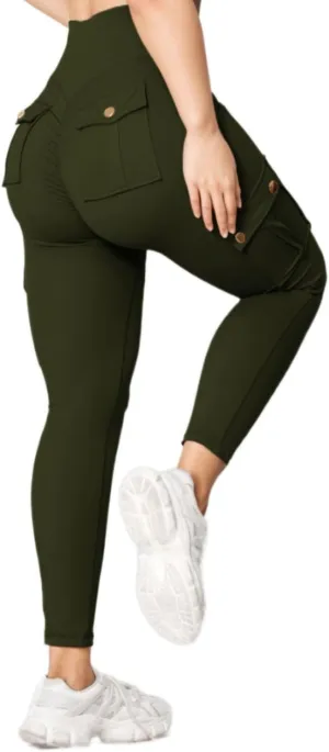 Butt Lifting Leggings with Flap Pockets for Women Stretch Cargo Leggings High Waist Tummy Control Workout Running Pants