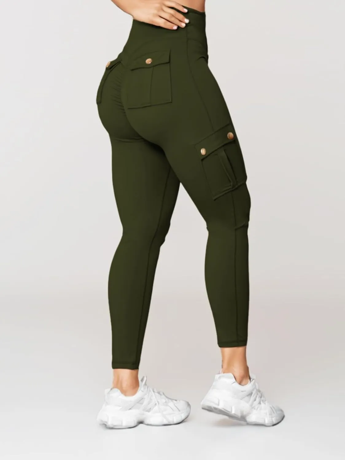 Butt Lifting Leggings with Flap Pockets for Women Stretch Cargo Leggings High Waist Tummy Control Workout Running Pants