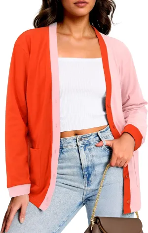 Button Up Lightweight Cardigans For Women Soft V Neck Open Front Cardigan with Pockets Loose Outwear Casual Travel