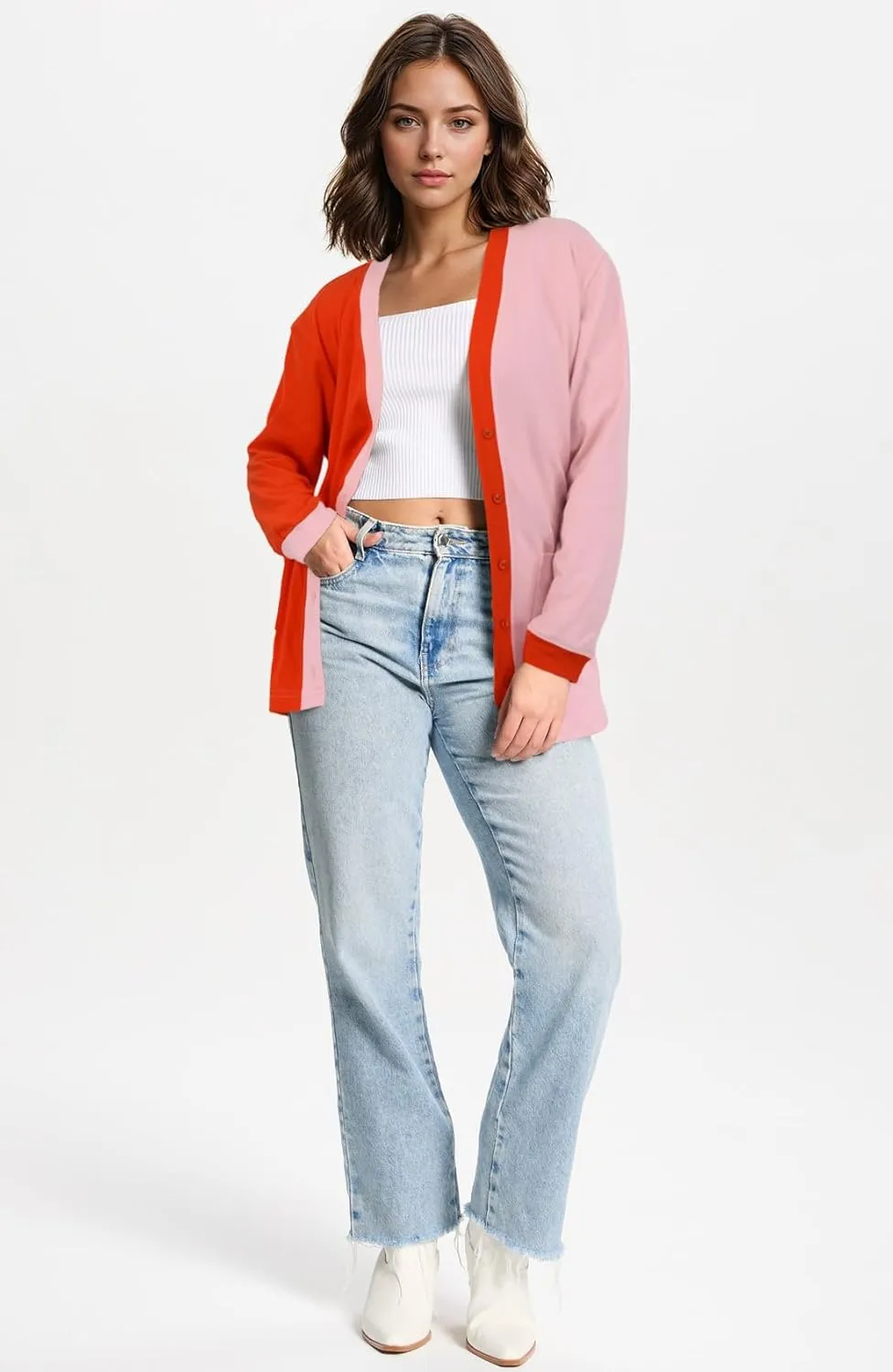 Button Up Lightweight Cardigans For Women Soft V Neck Open Front Cardigan with Pockets Loose Outwear Casual Travel