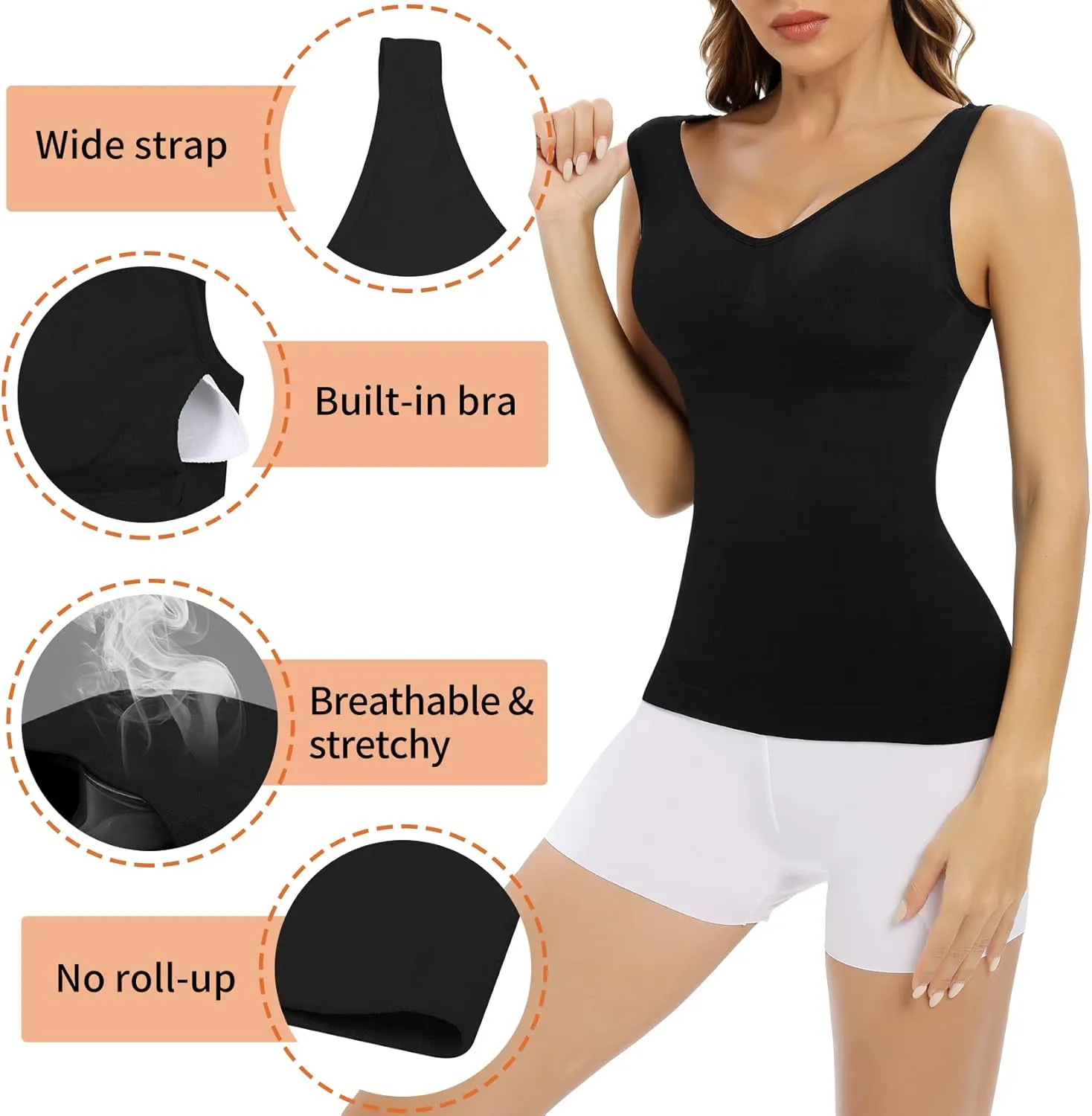 Camisoles with Built in Bra Compression Padded Shapewear Tank Tops for Women White Tank Tops with Built in Bras Tummy Control