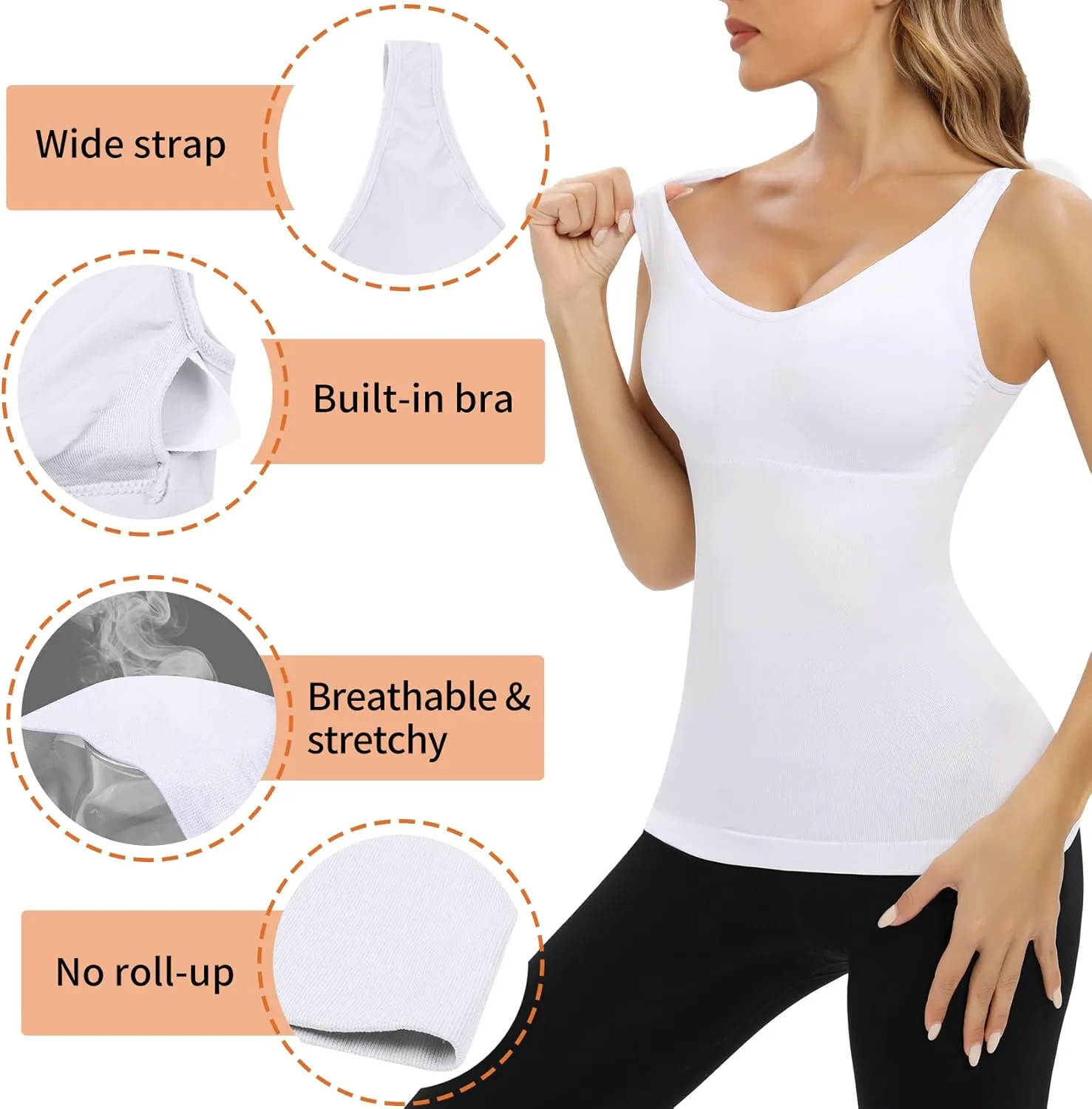 Camisoles with Built in Bra Compression Padded Shapewear Tank Tops for Women White Tank Tops with Built in Bras Tummy Control