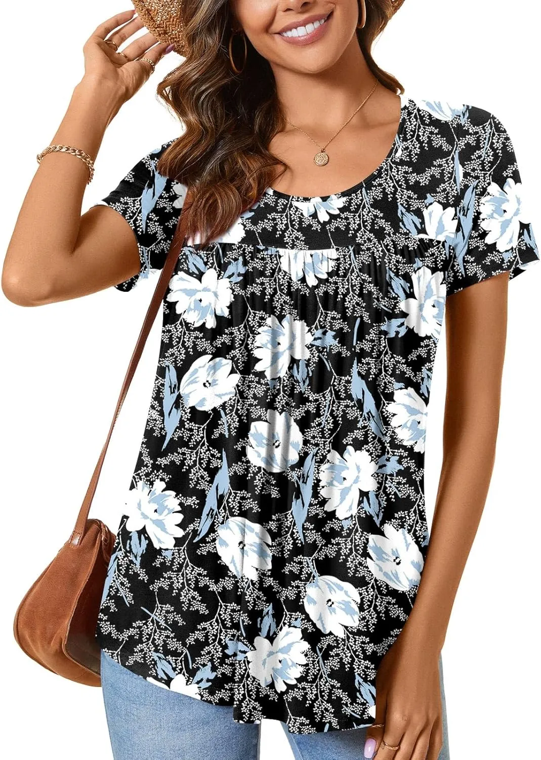 CATHY Women's 2025 Summer Short Sleeve Tunic Tops Loose Fit Comfy Blouses Casual Shirts for Leggings M-4XL