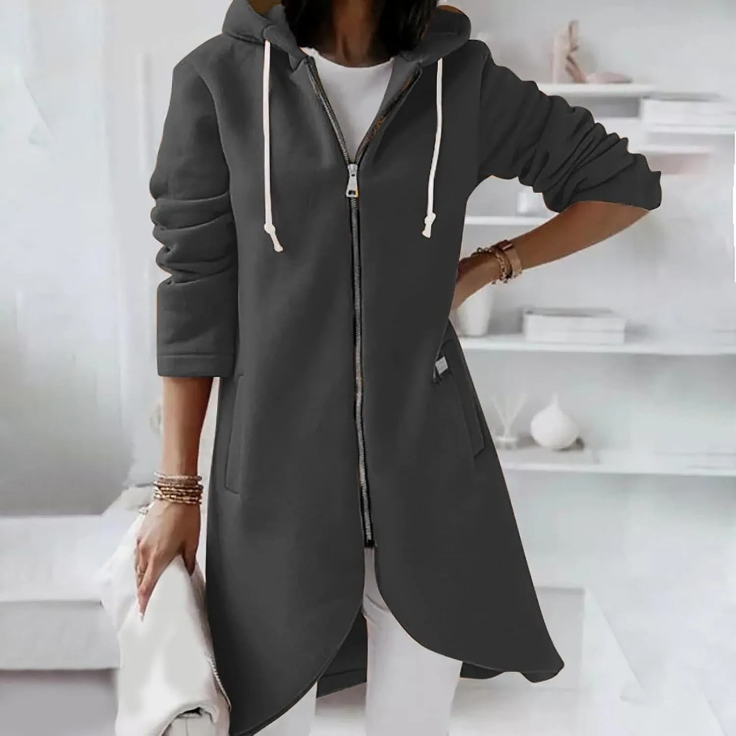 Ceboyel Women Zip Up Hoodies Zipper Long Hooded Jackets Solid Casual Tunic Sweatshirt Trendy Winter Outfits Clothes 2023