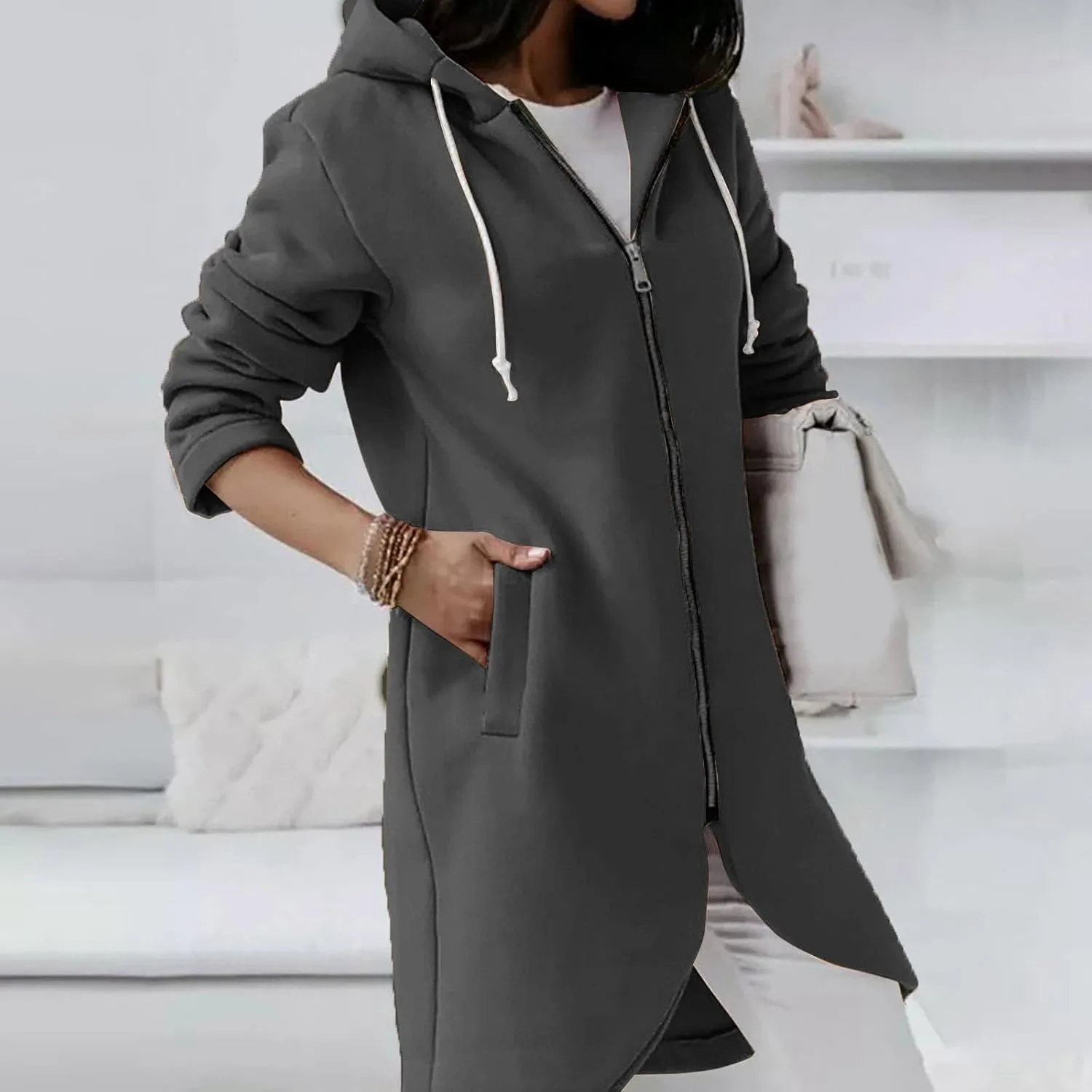 Ceboyel Women Zip Up Hoodies Zipper Long Hooded Jackets Solid Casual Tunic Sweatshirt Trendy Winter Outfits Clothes 2023