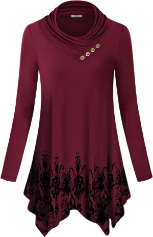 Cestyle Womens Fall Long Sleeve Cowl Neck Asymmetrical Hemline Flowy Tunic Top