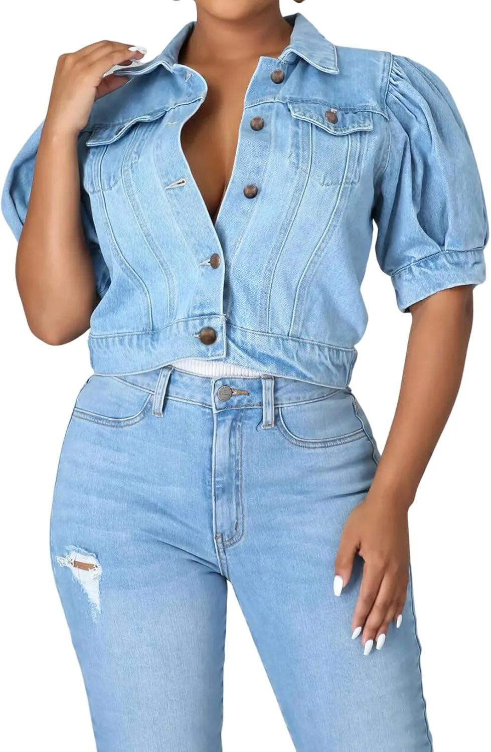 CHARTOU Casual Short Sleeve Cropped Jean Jacket Women Puff Sleeve Denim Jacket Button Down Crop Denim Jacket
