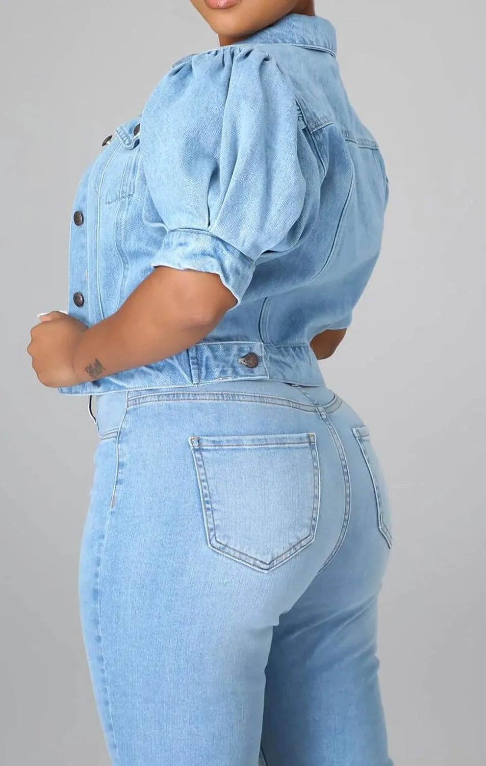 CHARTOU Casual Short Sleeve Cropped Jean Jacket Women Puff Sleeve Denim Jacket Button Down Crop Denim Jacket