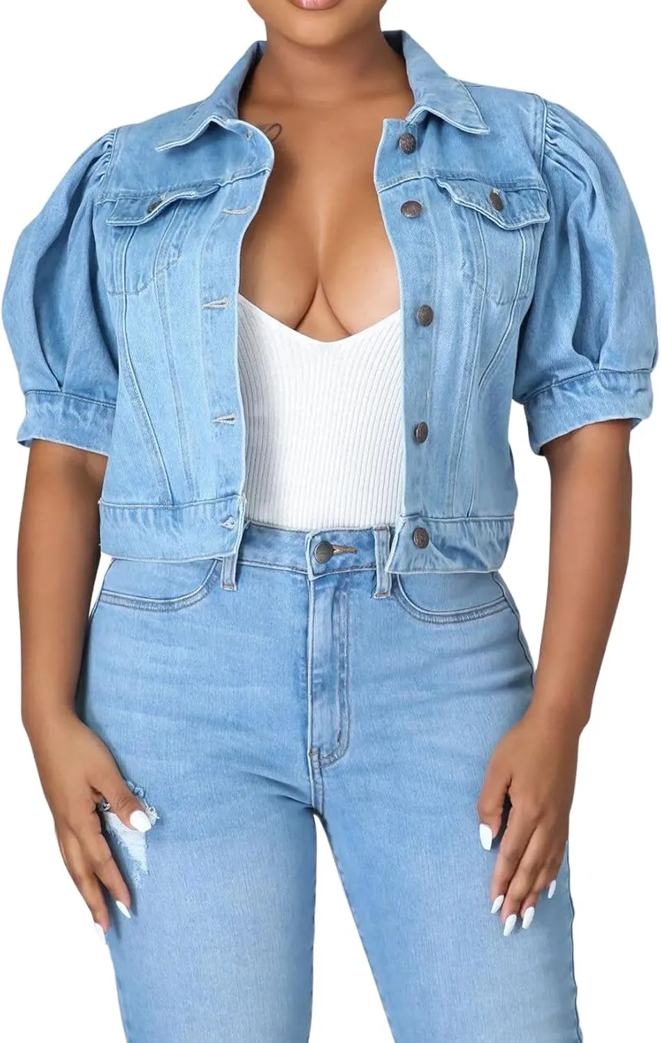 CHARTOU Casual Short Sleeve Cropped Jean Jacket Women Puff Sleeve Denim Jacket Button Down Crop Denim Jacket