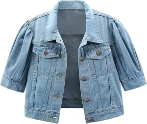 CHARTOU Casual Short Sleeve Cropped Jean Jacket Women Puff Sleeve Denim Jacket Button Down Crop Denim Jacket