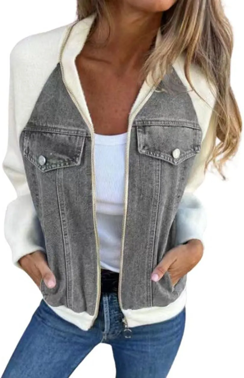 CHARTOU Women Bomber Jacket Zip Up Denim Patchwork Varsity Baseball Denim Jacket
